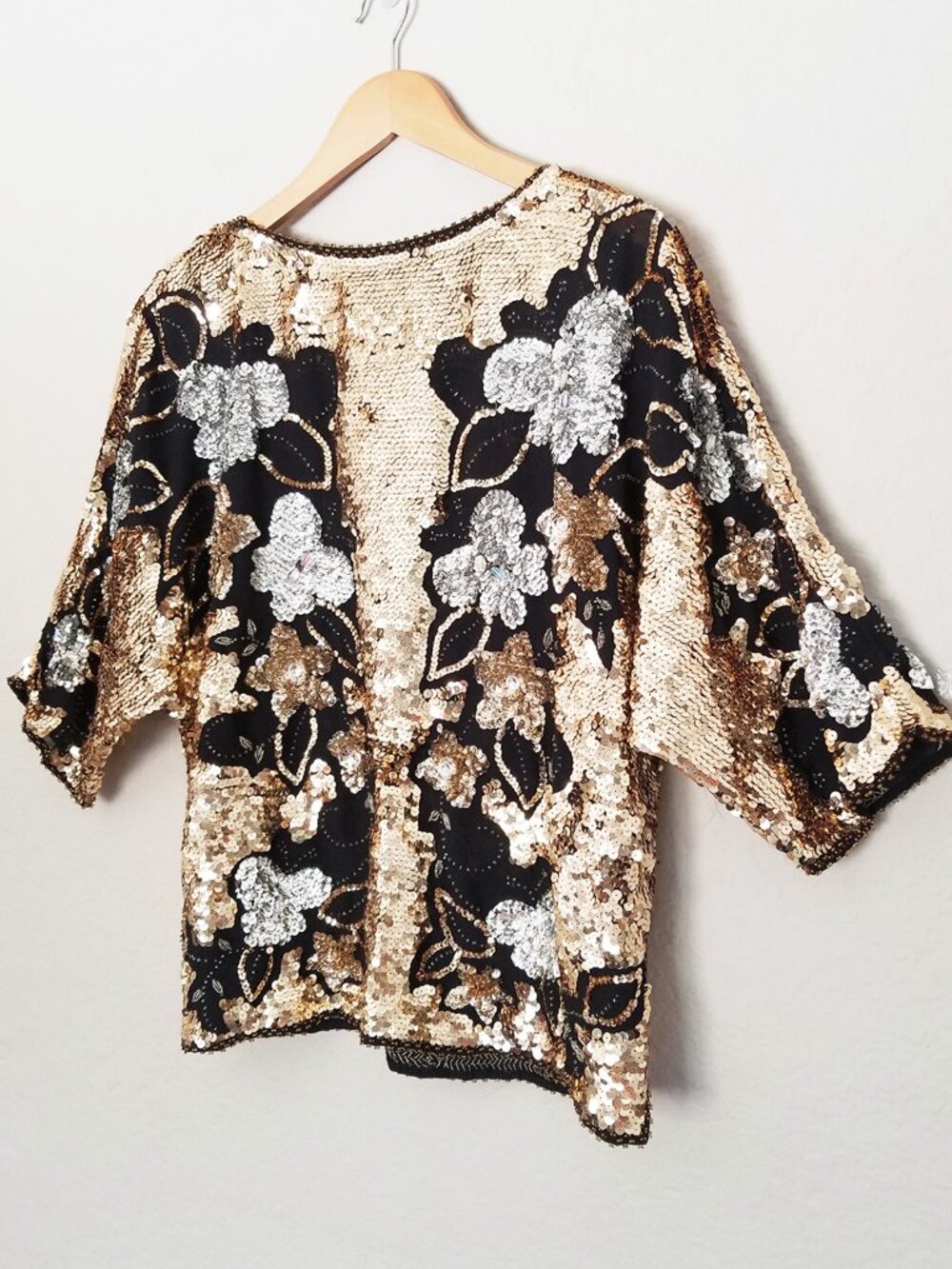 Vintage Gold Silver Black Silk Sequins Blouse Top Gatsby Art Deco 70s Glam 42